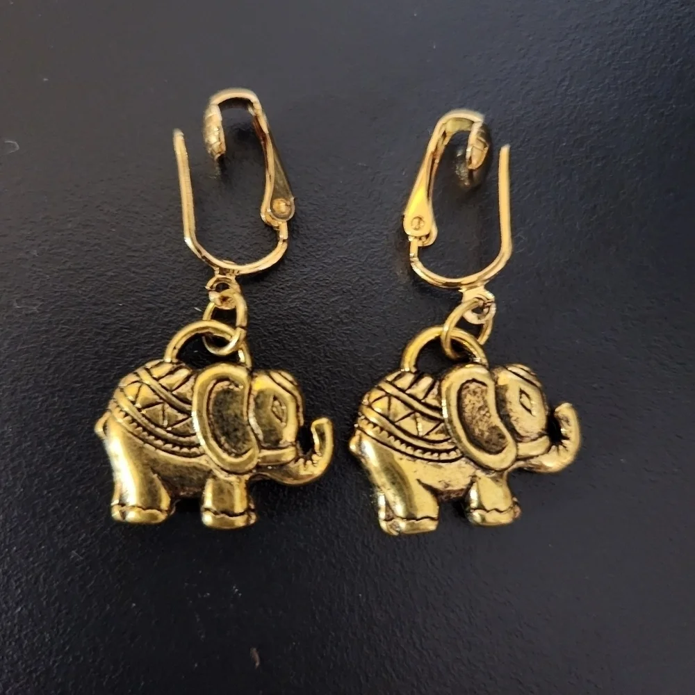 Hand Crafted Clip on Earrings Elephant Charm Antique Gold Drop Dangle